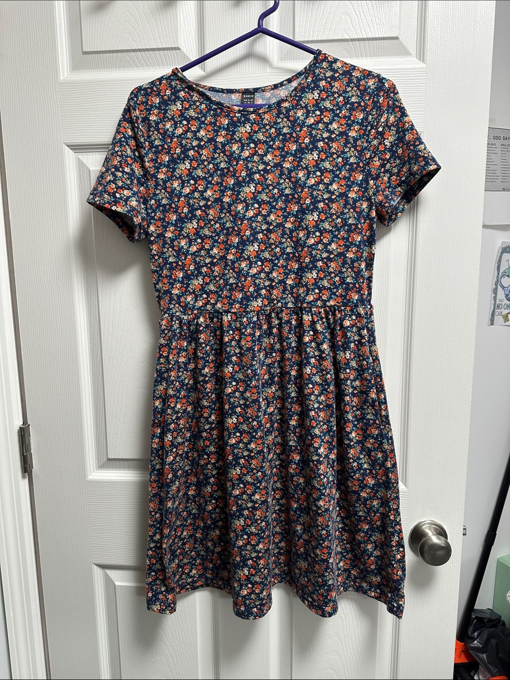 SHEIN Navy Floral Short Sleeve Gathered Skirt Dress with Orange & Cream Blossoms